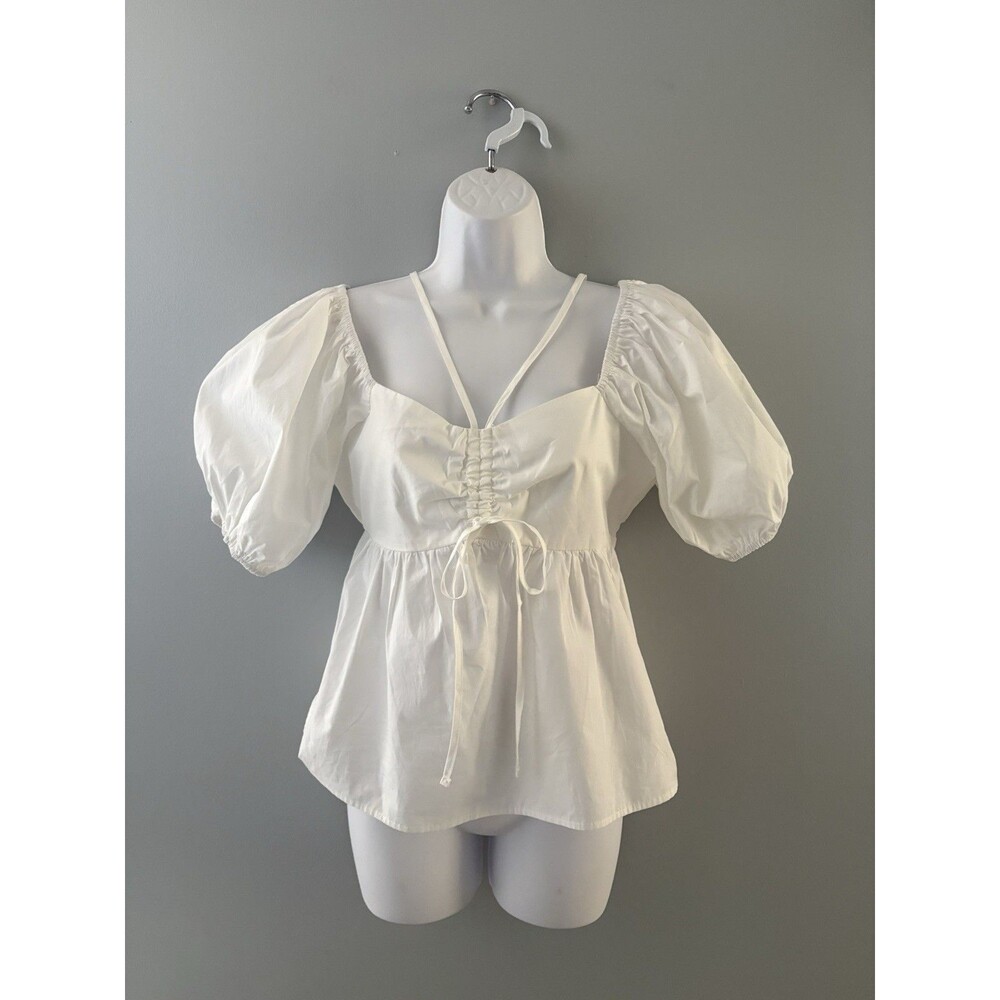 Milkmaid Top Size Small White Puff Sleeve Bow Peasant Cottagecore Coquette